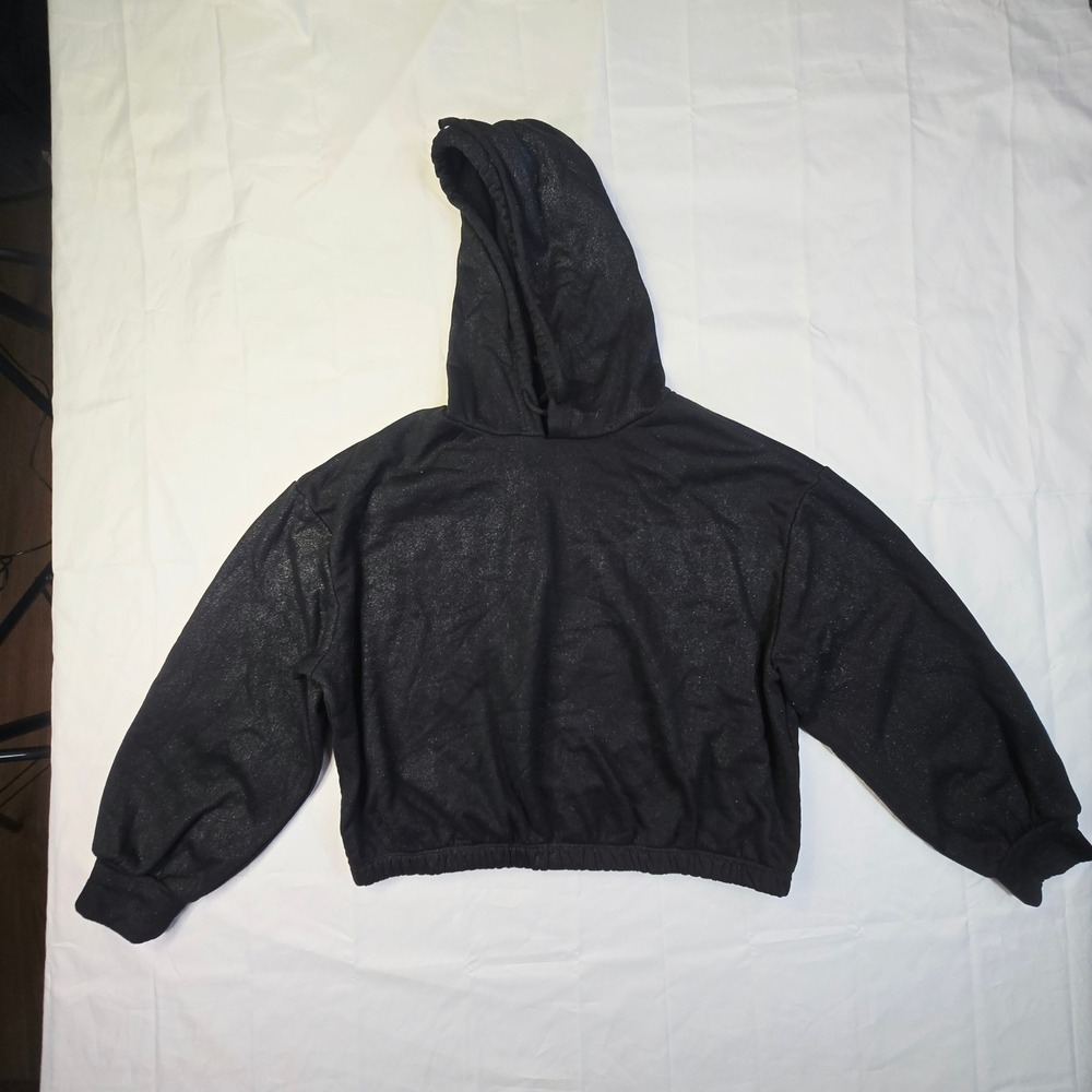Madden Girl Women's Cropped Hoodie Size 1X Black Metallic Shimmer Pullover B89